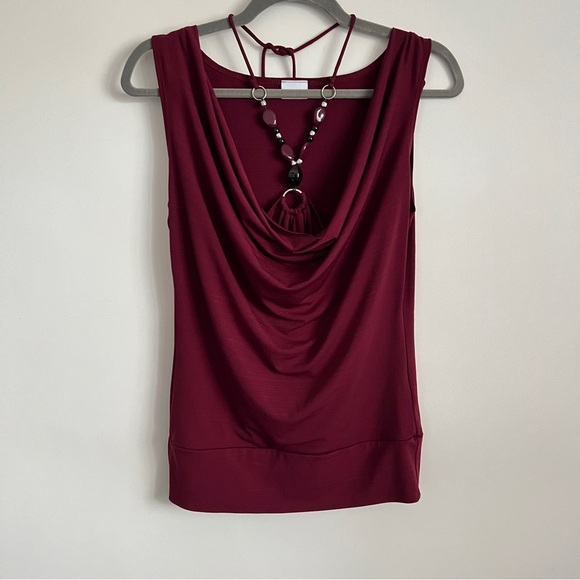 Suzy Shier Tops - Suzy Shier Y2K Burgundy Cowl Neck Sleeveless Top Built In Necklace
